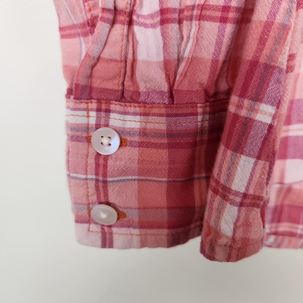 Prana Pink Orange Plaid Roll Tab Sleeve Button Down Shirt Top Sz L - Picture 4 of 7